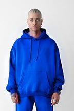 Erkek Bol Kesim Oversize 3 İplik İçi Pamuklu Şardonlu Kanguru Cep Kapşonlu Kışlık Hoodie Sweatshirt - Saks Mavi - 1