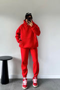 Kadın Oversize Trend Model Kanguru Cep Kapşonlu Sweatshirt Eşofman Takımı - Canlı Kırmızı - 1