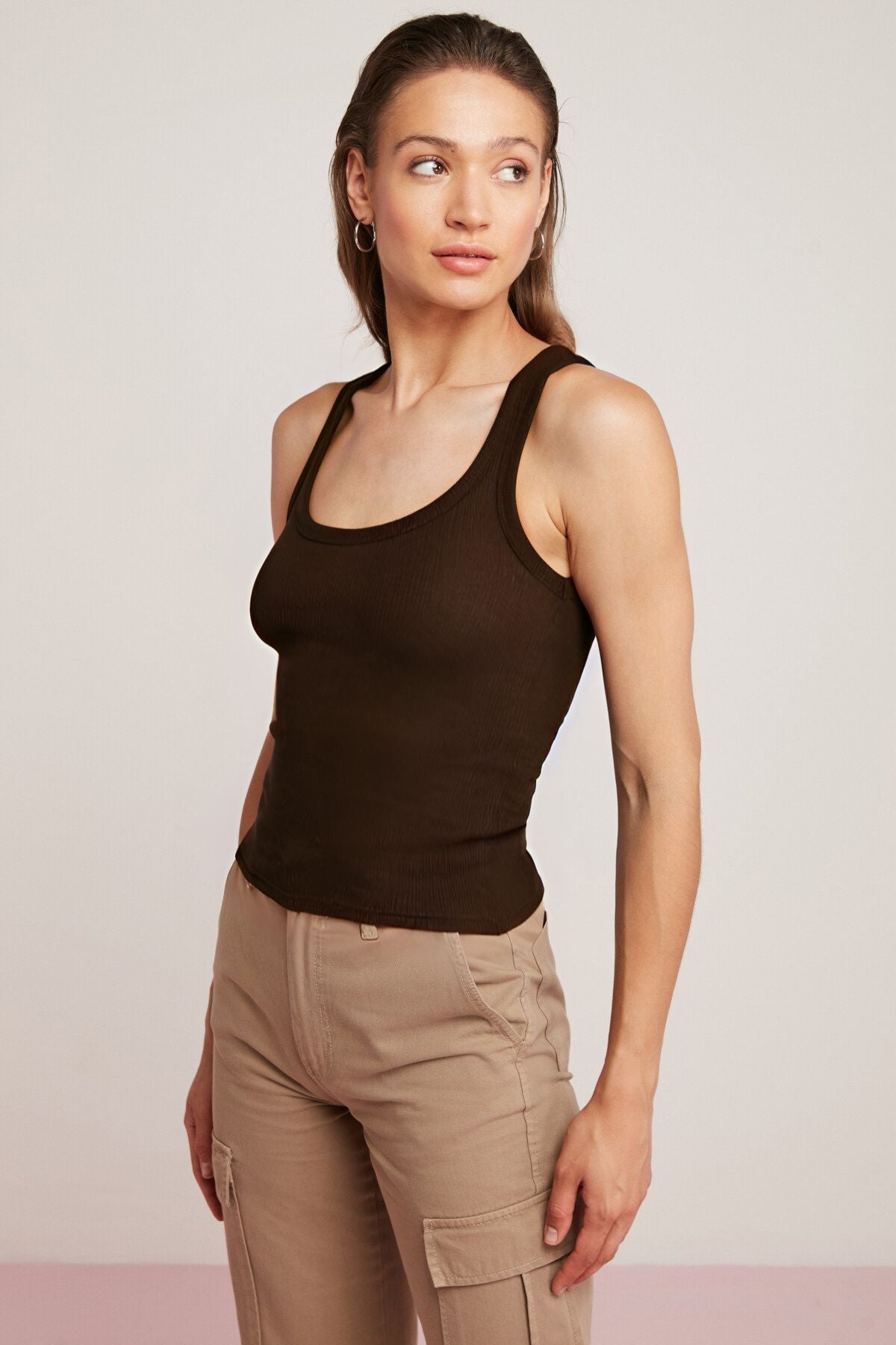 Kadın Fitilli Kalın Askılı Basic Kahverengi̇ Örme Spor Atlet - Kahverengi - 2