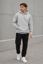 Erkek Oversize Kapüşonlu Sweatshirt Basic Hoodie Cepli - Gri Melanj - 3