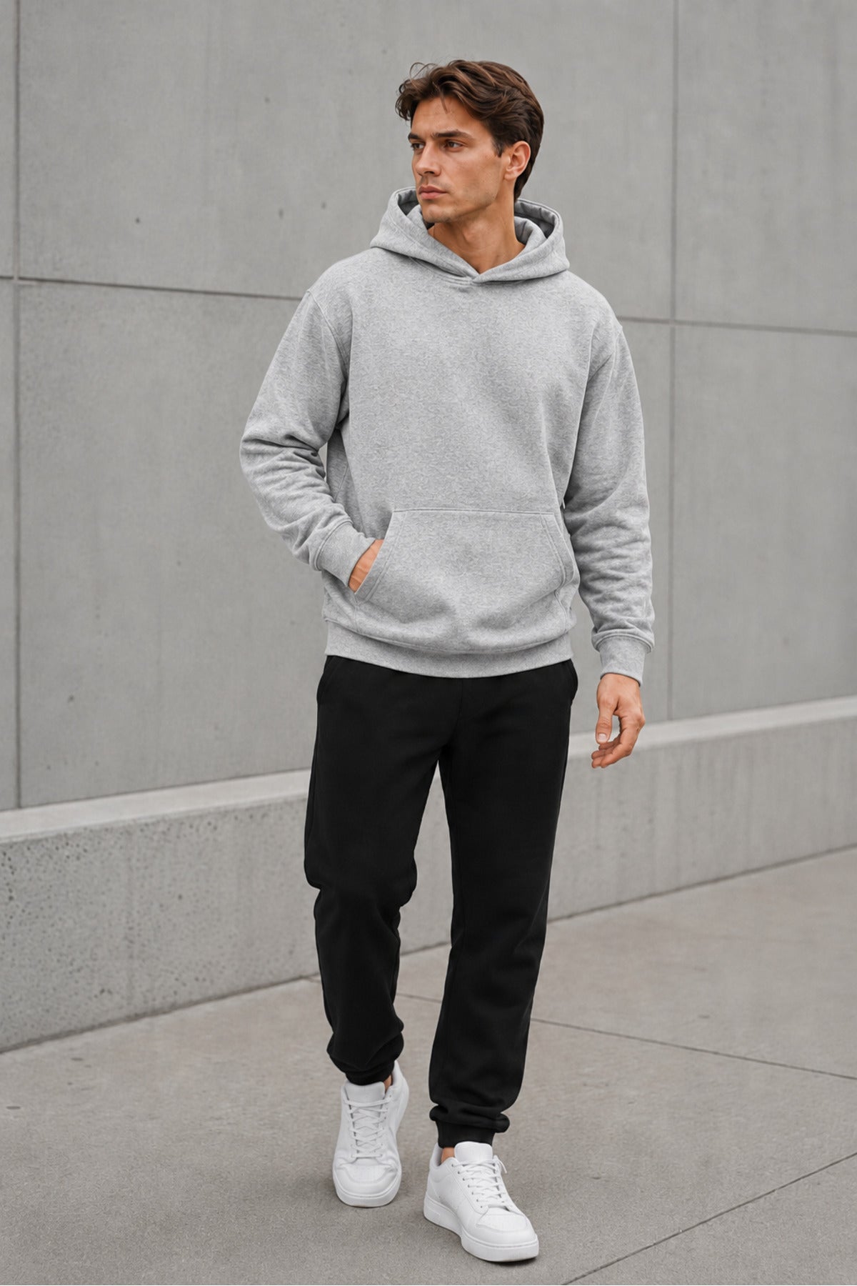 Erkek Oversize Kapüşonlu Sweatshirt Basic Hoodie Cepli - Gri Melanj - 3