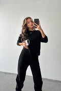Kadın Oversize Geniş Kalıp Basic Pamuklu Eşofman Takıım - Siyah - 1