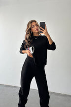 Kadın Oversize Geniş Kalıp Basic Pamuklu Eşofman Takıım - Siyah - 1