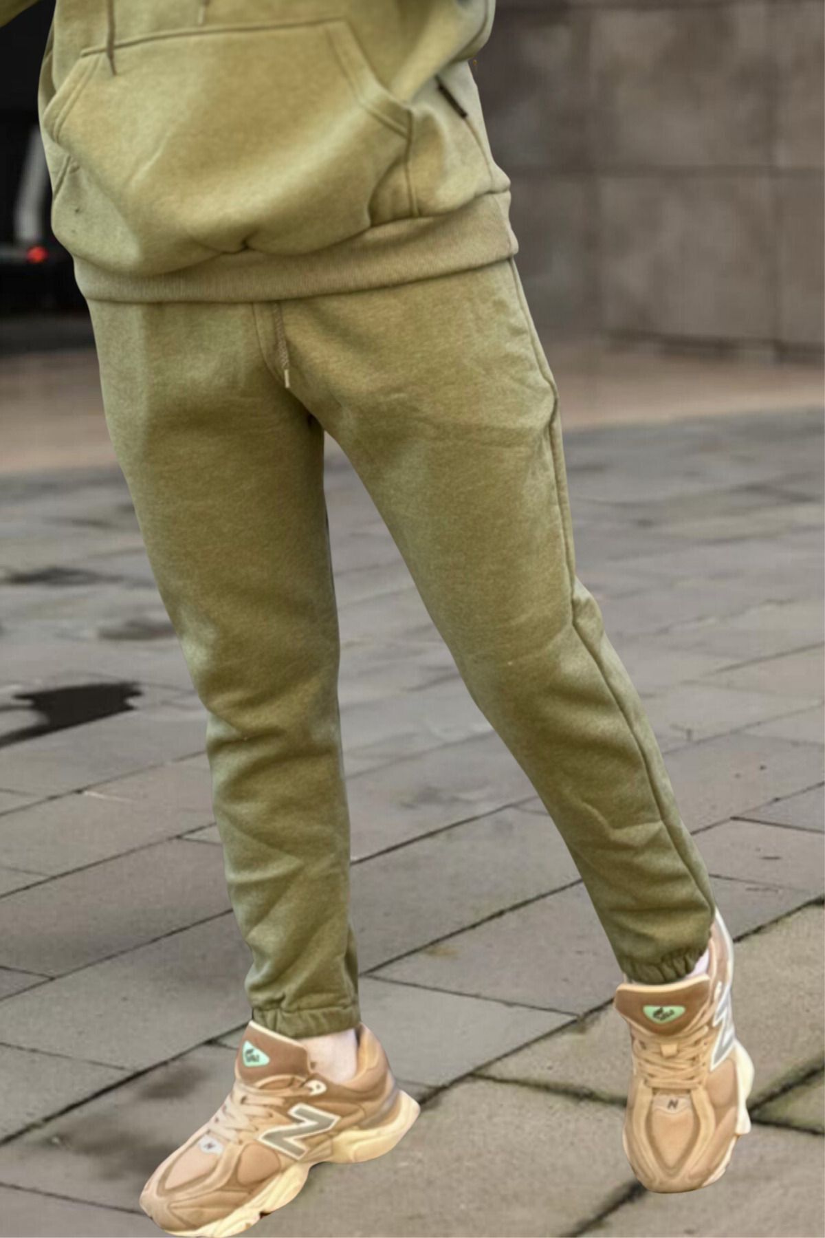 Bay Haki Melanj Beli Lastikli 3 İplik Streetwear Eşofman Altı - Haki Melanj - 1