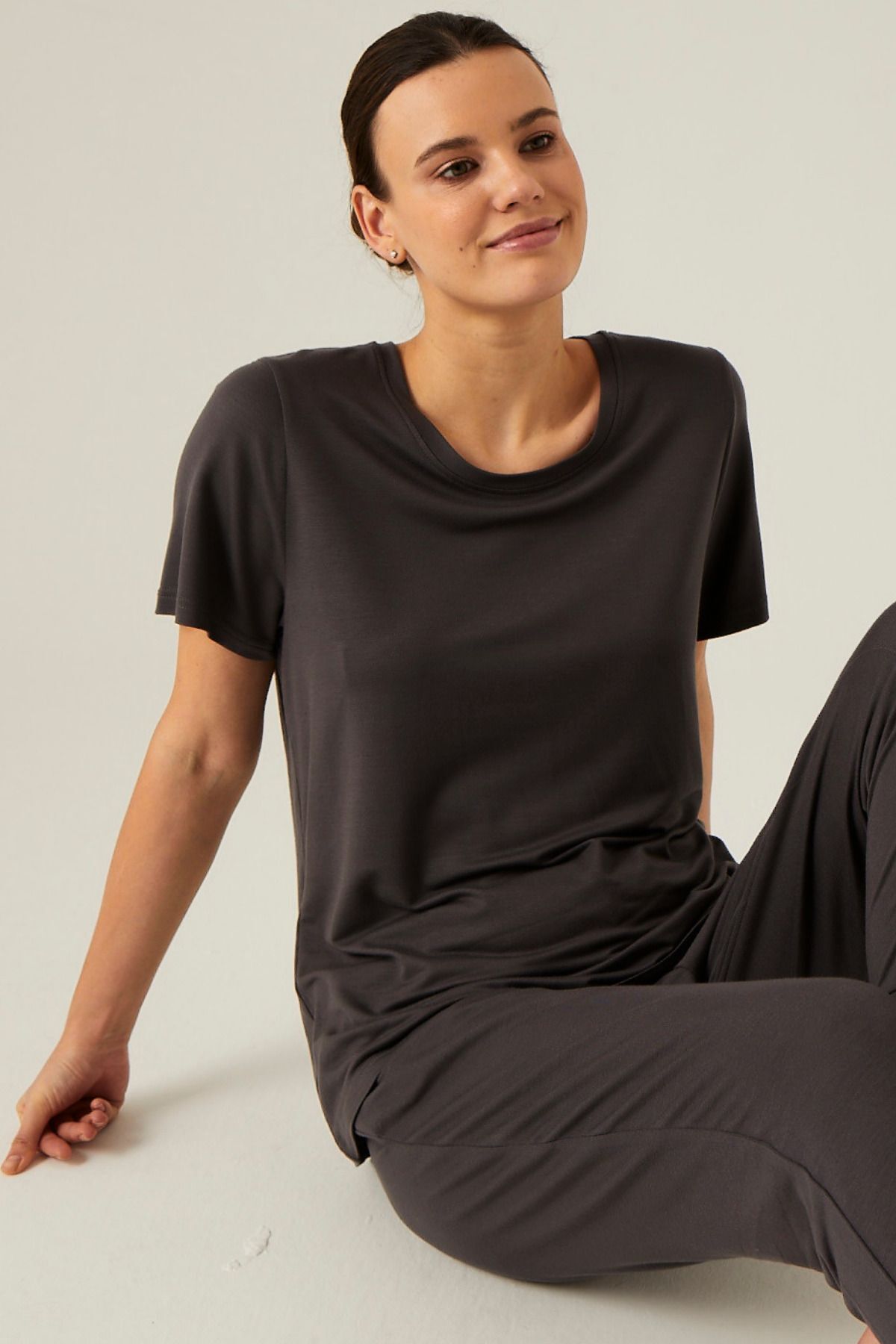 Kadın Füme Kısa Kol Gecelik Pamuklu Pijama Takımı - Füme - 2