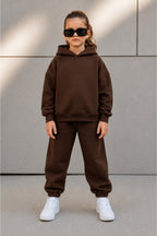 Çocuk Unisex Oversize Süper Yüksek Bel Paçası Lastikli Kapüşonlu Beli Bağlamalı Eşofman Takımı - Kahverengi - 4
