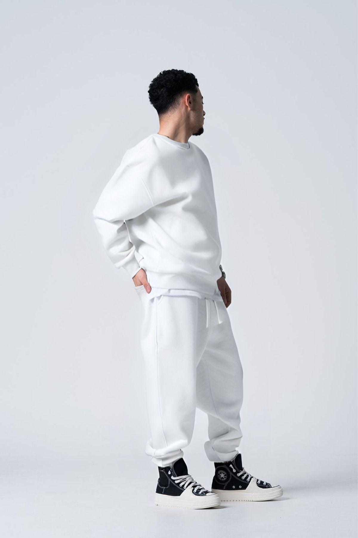 Basic Erkek Bisiklet Yaka Sweat Ve Eşofman Takım - Beyaz - 3