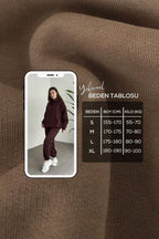Kadın Unisex Kahverengi Kapüşonlu 3 İ̇plik Oversize Eşofman Takımı - Kahverengi - 7