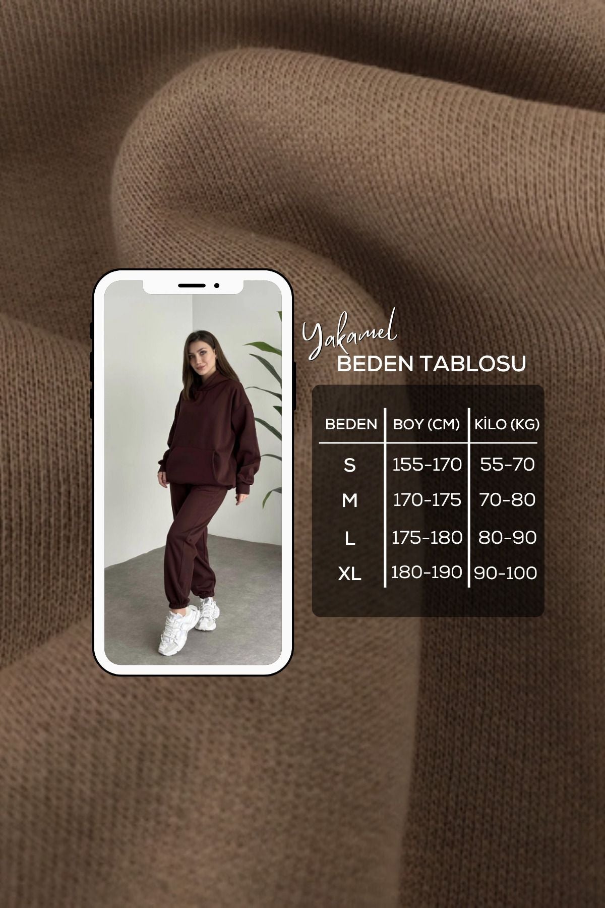 Kadın Unisex Kahverengi Kapüşonlu 3 İ̇plik Oversize Eşofman Takımı - Kahverengi - 7