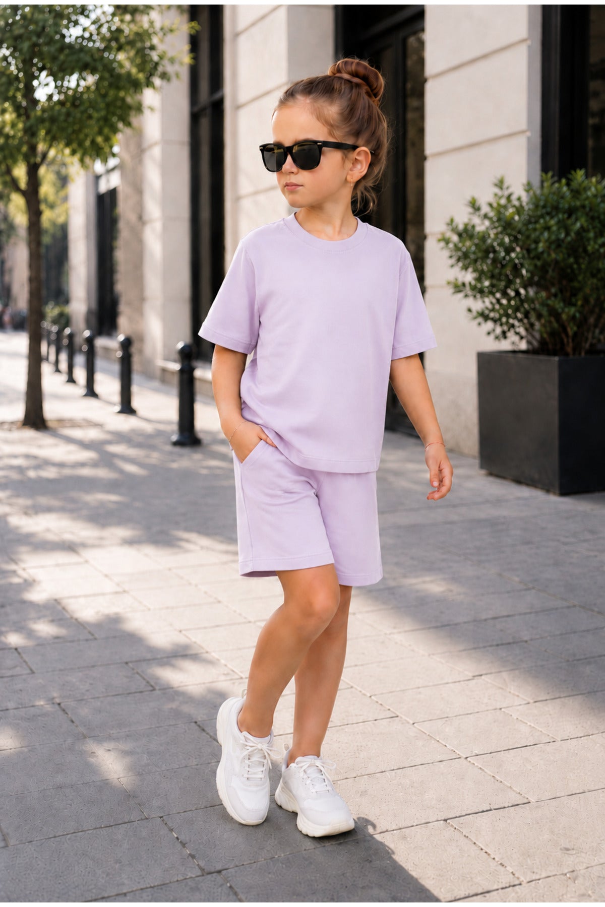 Çocuk Unisex Kisa Kollu Oversize Günlük Kullanima Uygun Li̇krali Beli̇ Bağlamali Rahat Kesi̇m Basic Yazlik Şortlu İ̇ki̇li̇ Takim - Lila - 1