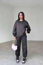 Kadın 3 İ̇plik Oversize Bisiklet Yaka Eşofman Takımı - Füme - 1