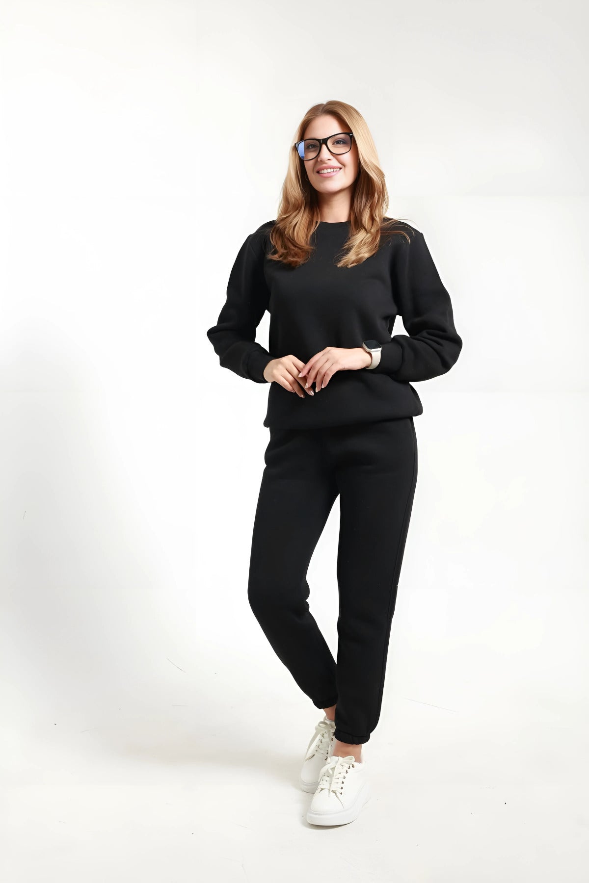 Sweatshirt Jogger Beli Ve Paçası Lastikli Kadın 3 İplik Eşofman Takımı Pamuklu - Siyah - 2