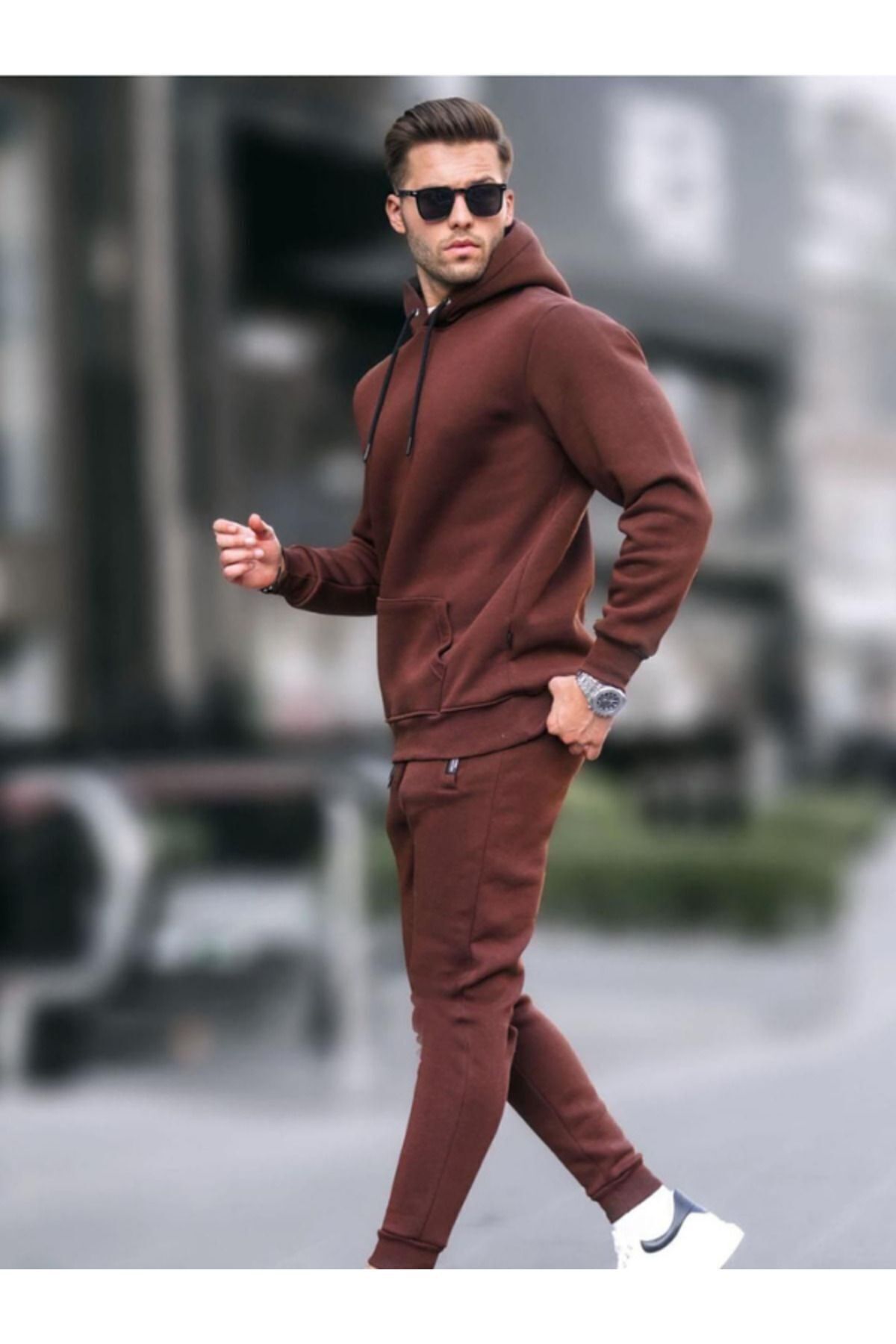 Erkek Kışlık Kapüşonlu Oversize Pamuklu Eşofman Takımı 3 İ̇plik - Kahverengi - 2