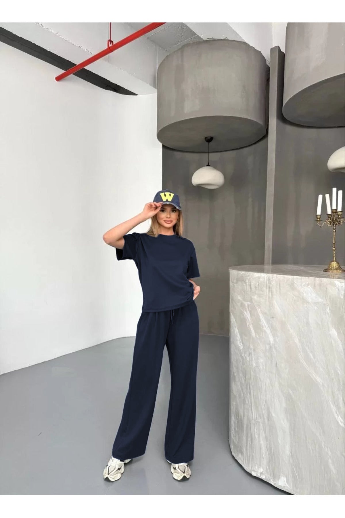 Kadın Modal Oversize Bol Paça Yüksek Bel 2 İ̇plik Alt Üst Takım - Lacivert - 1