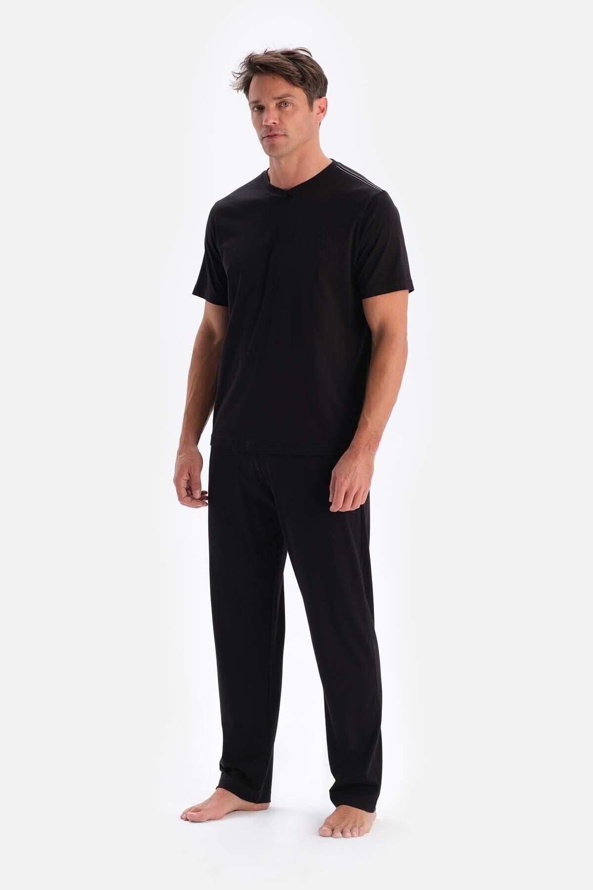 Erkek Kısa Kollu Pijama Takımı Oversize Bisiklet Yaka - Siyah - 3
