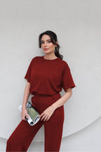 Kadın Kısa Kollu Penye Esnek Süper Yüksek Bel Takım - Kırmızı - 3
