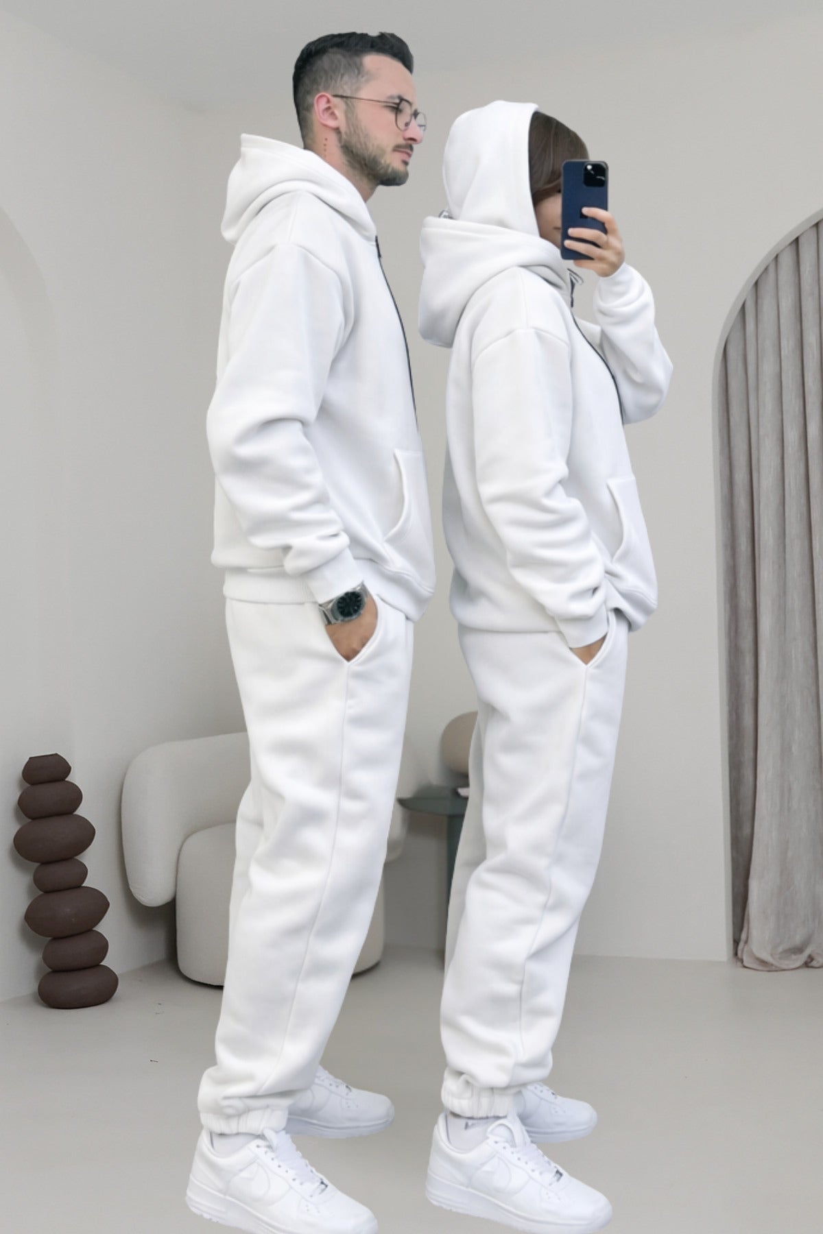 Çiftlere Özel Basic Oversize Kapşonlu Eşofman Takımı - Beyaz - 2