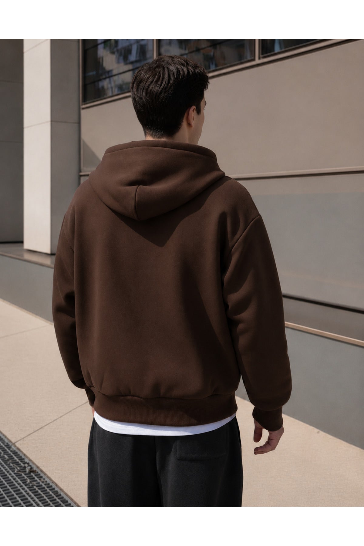 Erkek 3 İ̇pli̇k Fermuarli Kapüşonlu Oversi̇ze Rahat Sweatshirt Hirka - Kahverengi - 2