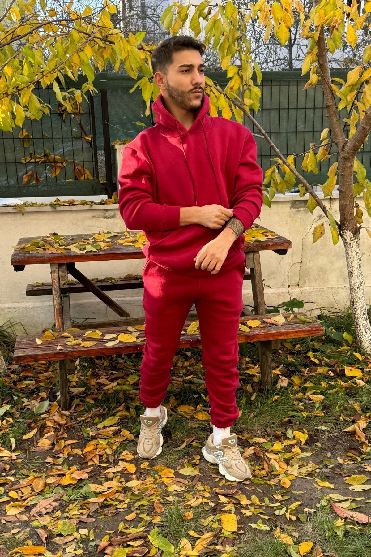 Ob Comfort Kapşonlu Kanguru Cep Oversize Lastik Paça Bordo Eşofman Takımı - Bordo - 7