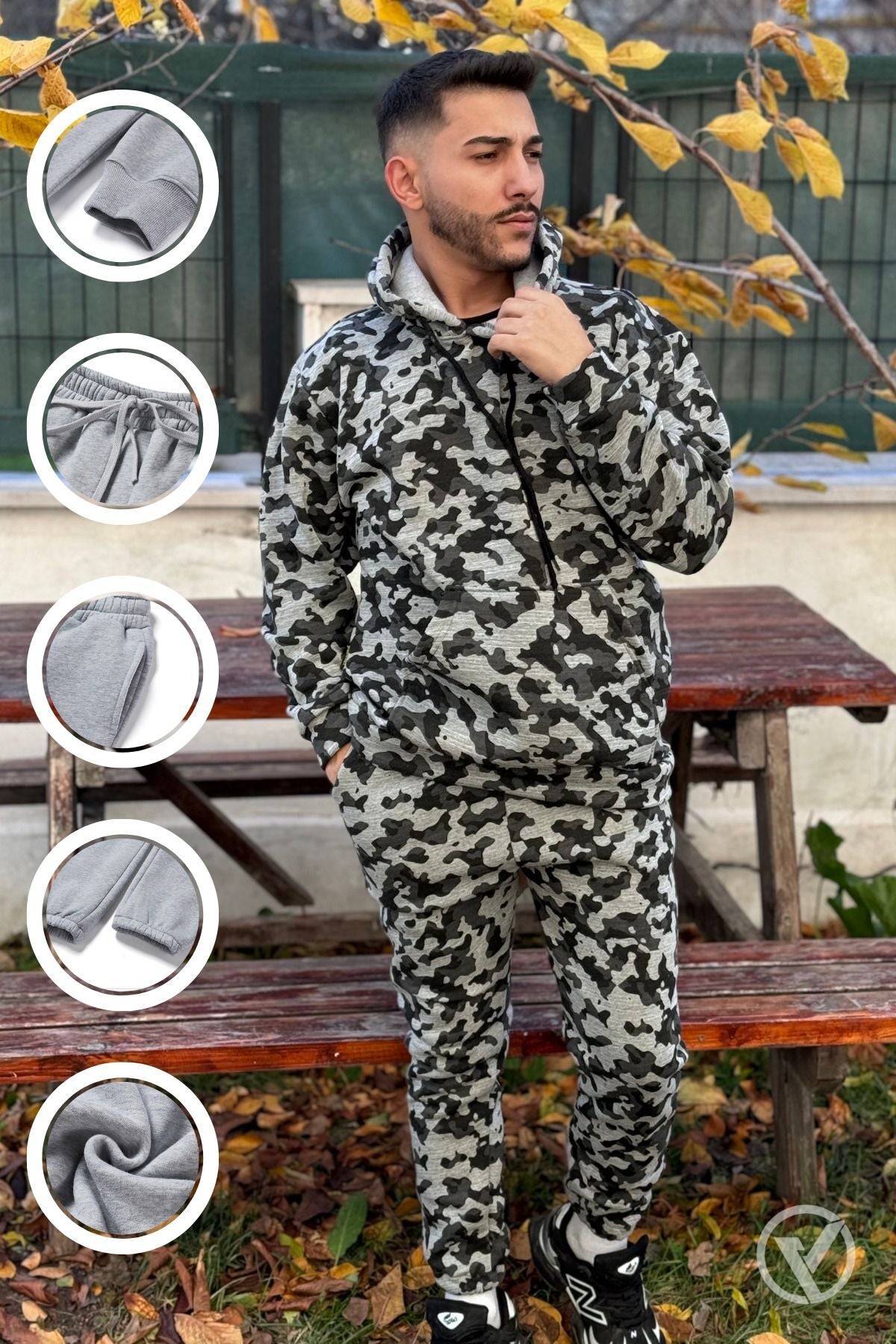 Ob Comfort Kapüşonlu Kanguru Cep Oversize Lastik Paça Kamuflaj Eşofman Takımı - Çok Renkli - 1