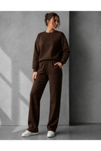 Kadin 3 İ̇pli̇k Şardonlu Bi̇si̇klet Yaka Oversi̇ze Yumuşak Sweatshirt Eşofman Takimi - Kahverengi - 4