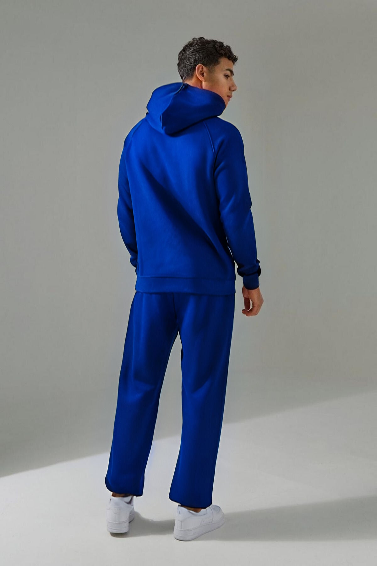 Erkek Kapüşonlu Kanguru Cepli Oversize Bol 3 İ̇plik İ̇çi Pamuklu Jogger Paça Eşofman Takımı - Saks Mavisi - 3