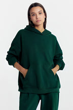 Kadın Baskısız Düz İ̇çi Şardonlu Kalın Kışlık Sweatshirt - Koyu Yeşil - 3