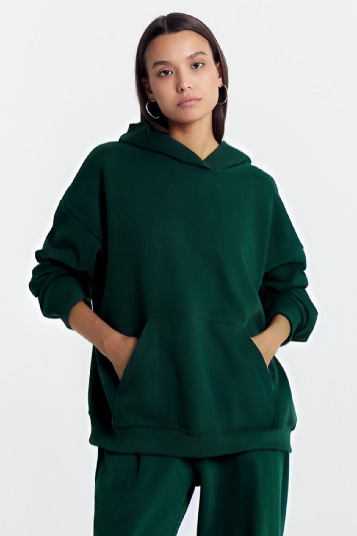 Kadın Baskısız Düz İ̇çi Şardonlu Kalın Kışlık Sweatshirt - Koyu Yeşil - 3