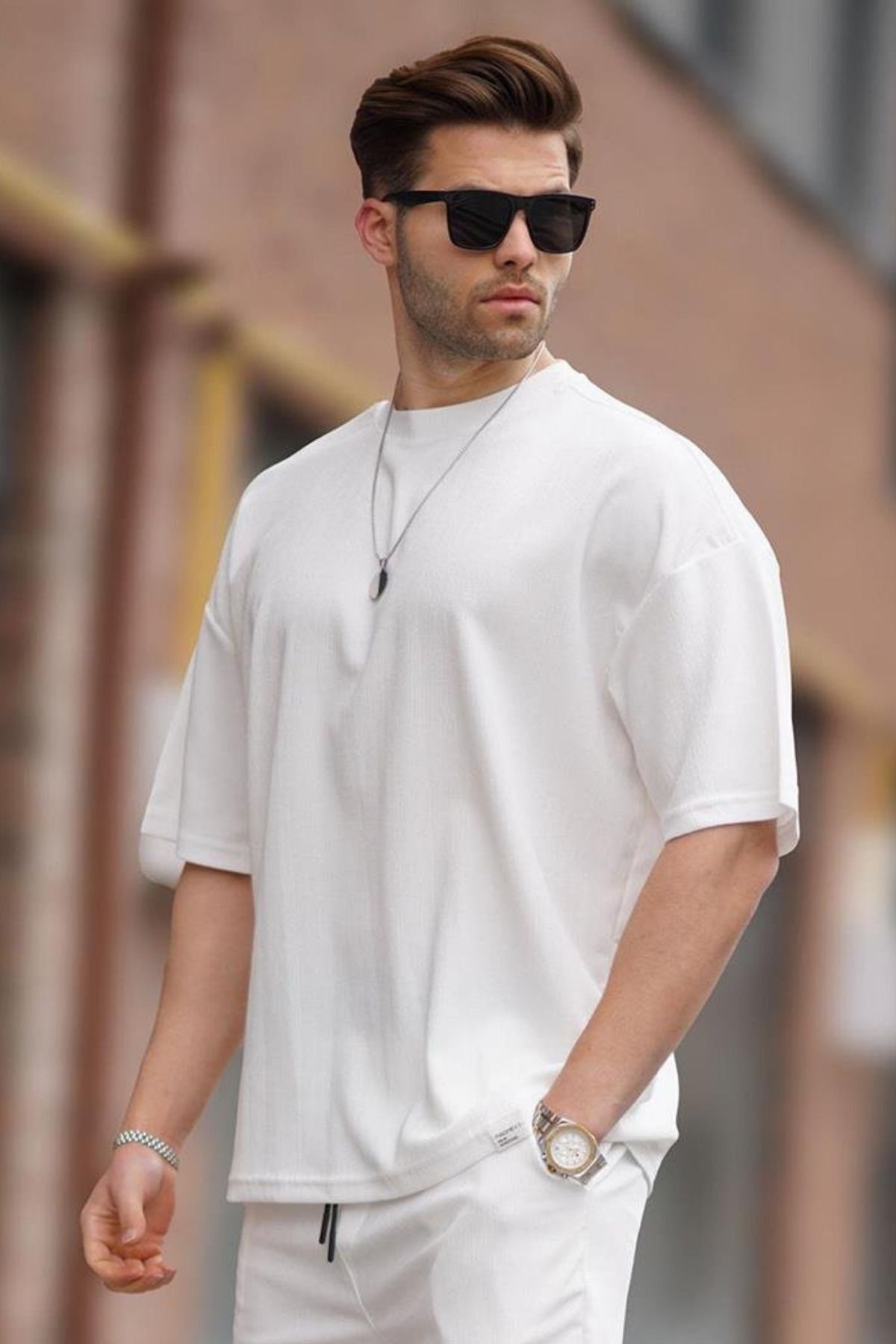 Erkek Oversize Penye Rahat Yazlık Kısa Kollu T-shirt - Beyaz - 2