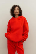 Kadın 3 İ̇plik İ̇çi Pamuklu Kanguru Cep Regular İ̇çi Pamuklu Oversize Sweatshirt - Kırmızı - 1