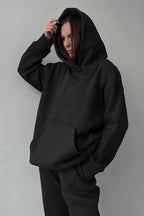 Kadın Hoodie Kanguru Cep Kapşonlu Sweatshirt Paçası Lastikli Alt Eşofman Takımı - Siyah - 2