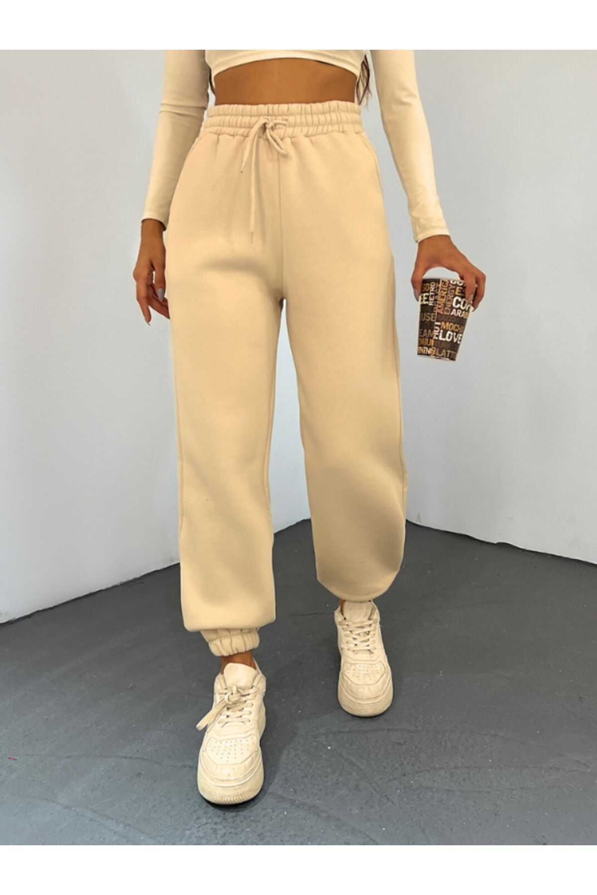 Unisex Bej Kalın 3 İplik Basic Jogger Örme Eşofman Altı - Bej - 1