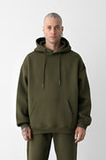 Erkek Bol Kesim Oversize 3 İplik İçi Pamuklu Şardonlu Kanguru Cep Kapşonlu Kışlık Hoodie Sweatshirt - Haki - 1