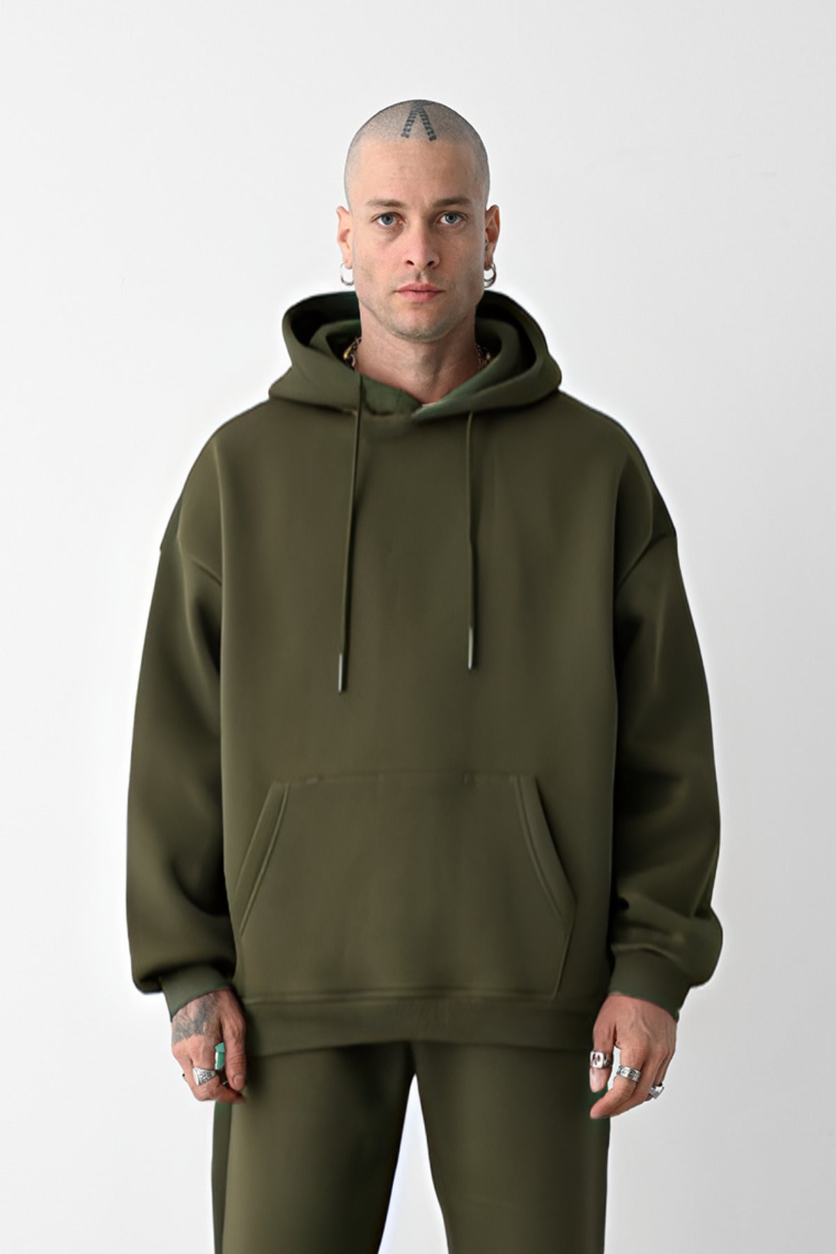 Erkek Bol Kesim Oversize 3 İplik İçi Pamuklu Şardonlu Kanguru Cep Kapşonlu Kışlık Hoodie Sweatshirt - Haki - 1