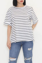 Kadın Oversize Siyah Beyaz Çizgili T-shirt - Beyaz - 1