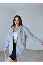 Kadın 3 İ̇plik Oversize Kapüşonlu Fermuarlı Hırka Sweatshirt - Grimelanj - 2