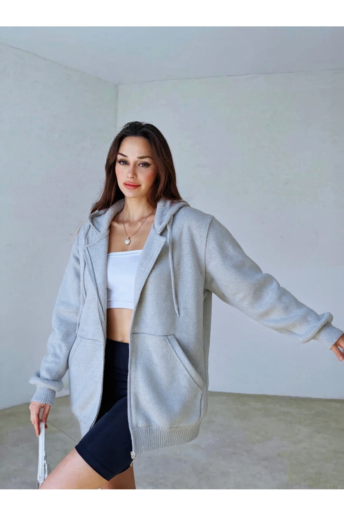 Kadın 3 İ̇plik Oversize Kapüşonlu Fermuarlı Hırka Sweatshirt - Grimelanj - 2