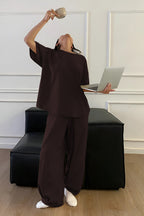 Kadın Bisiklet Yaka Yazlık Kısa Kollu Pijama Takımı - Kahverengi - 4