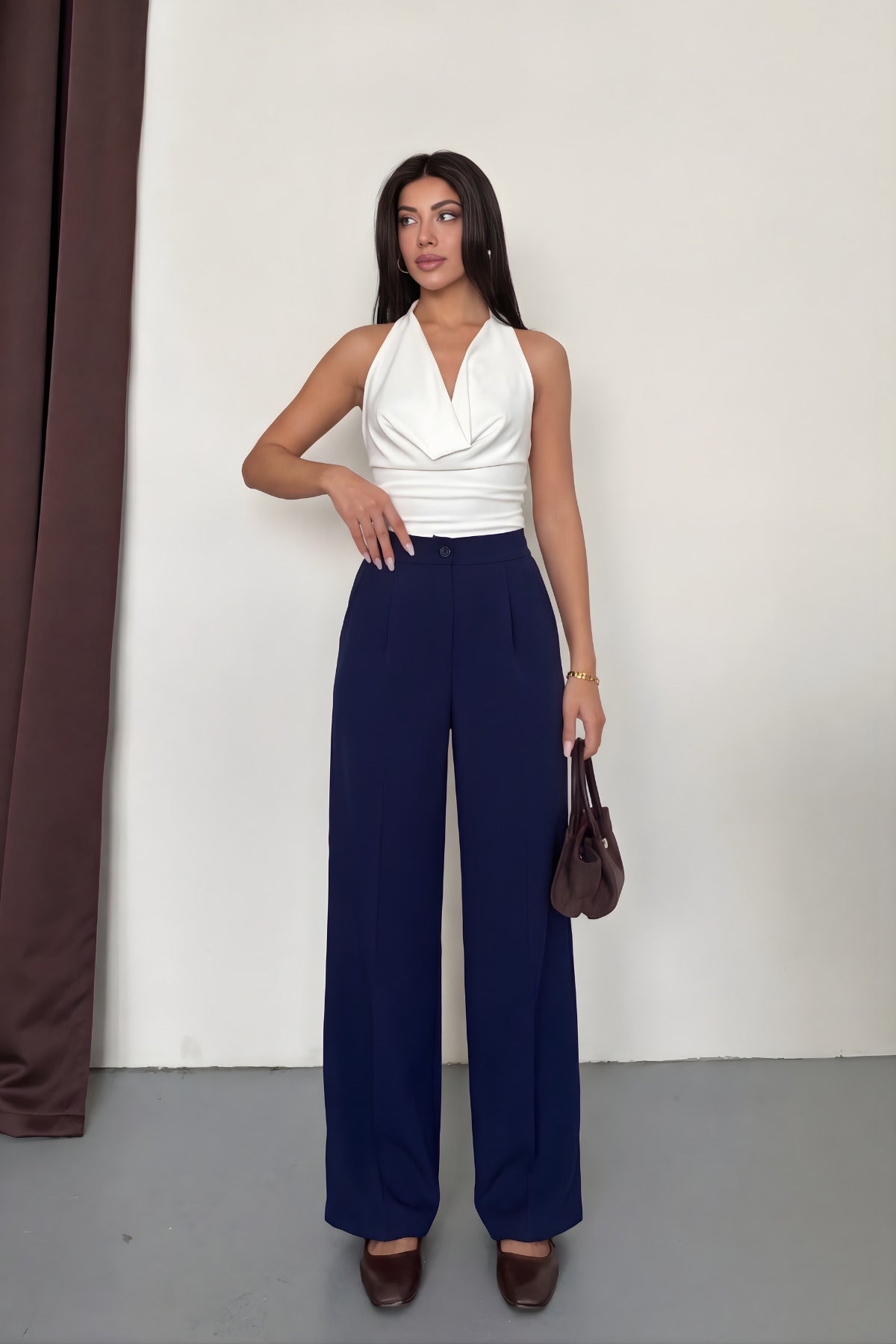 Kadın Yeni Sezon Yüksek Bel Rahat Kesim Geniş Paça Pileli Crep Pantolon - Lacivert - 2