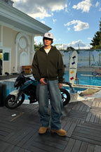 Erkek Haki Fermuarlı Bol Kalıp Kalın Kışlık Geniş Hırka - Haki - 2