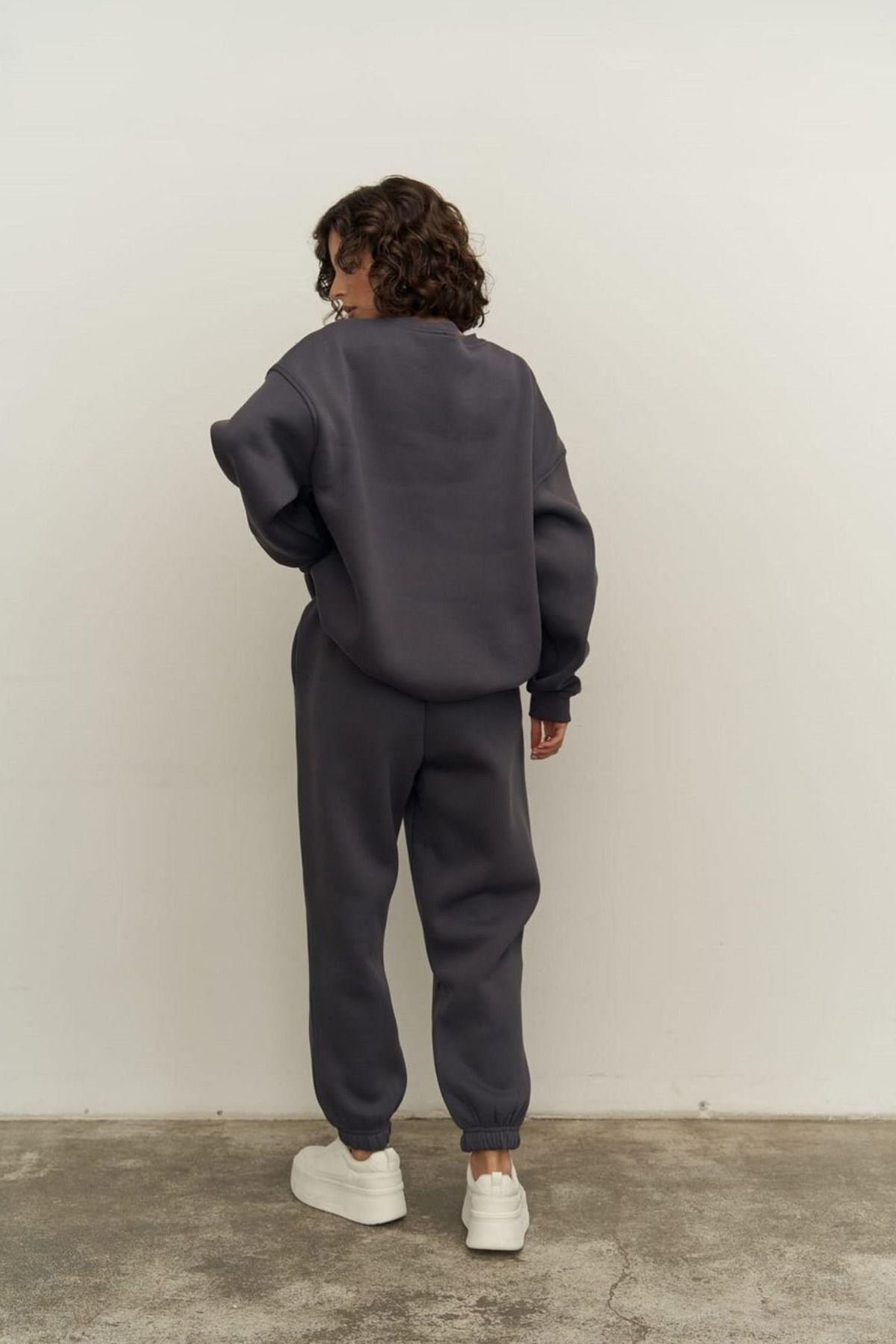 Kadın Oversize Rahat Kalıp Bisiklet Yaka Eşofman Takıım - füme - 6