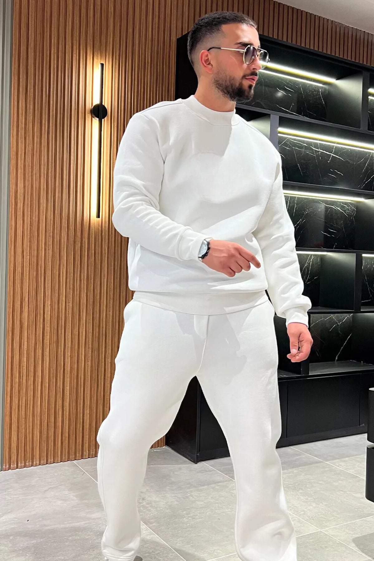 Erkek Kalın Rahat Kalıp Bisiklet Yaka Eşofman Takımı - Beyaz - 2