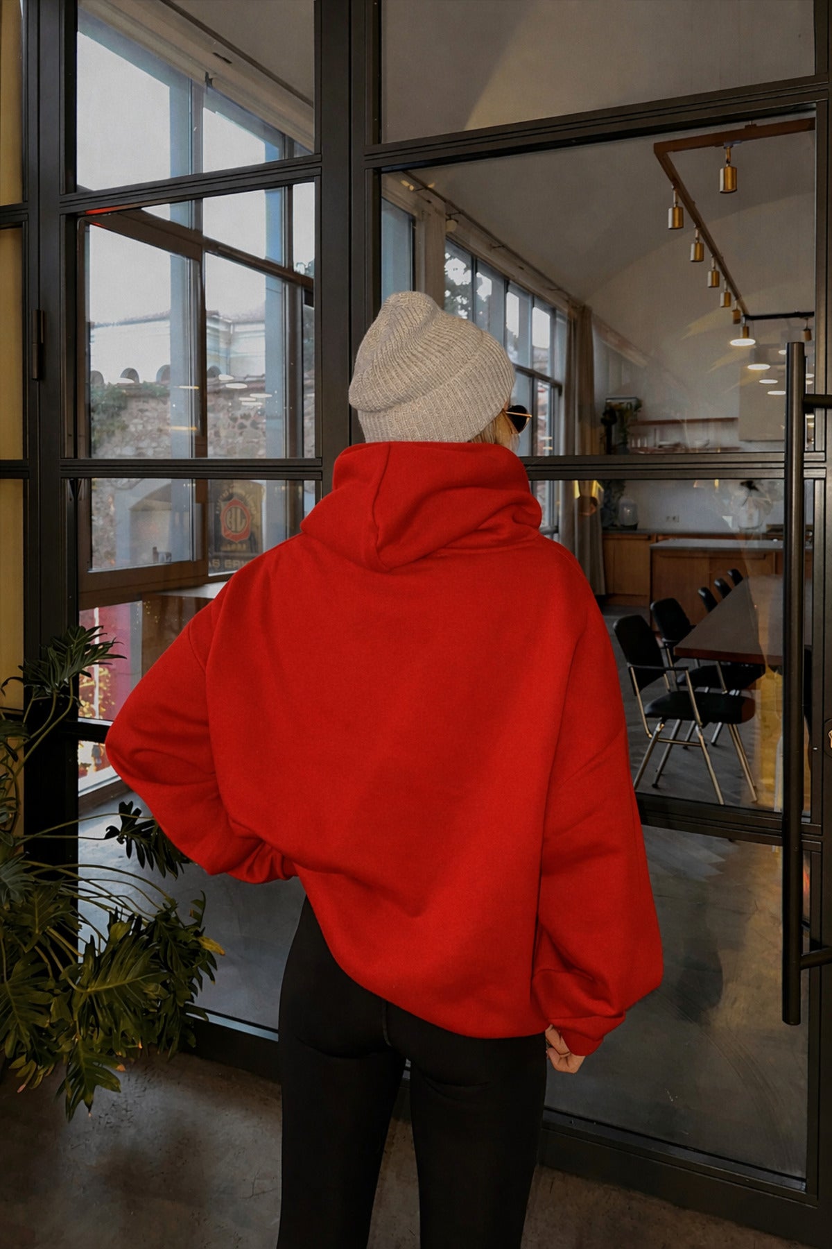 Kadin Kirmizi 3 İ̇pli̇k Şardonlu Yumuşak Oversi̇ze Kapüşonlu Sweatshirt - Kırmızı - 3