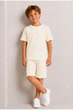 Çocuk Kısa Kollu Baskısız Basic Oversıze Geniş Kalıp Beli Bağlamalı Esnek 1-10 Yaş Arası Yaz Sezonu Sportif T-shirt / Şort Takım - Bej - 6