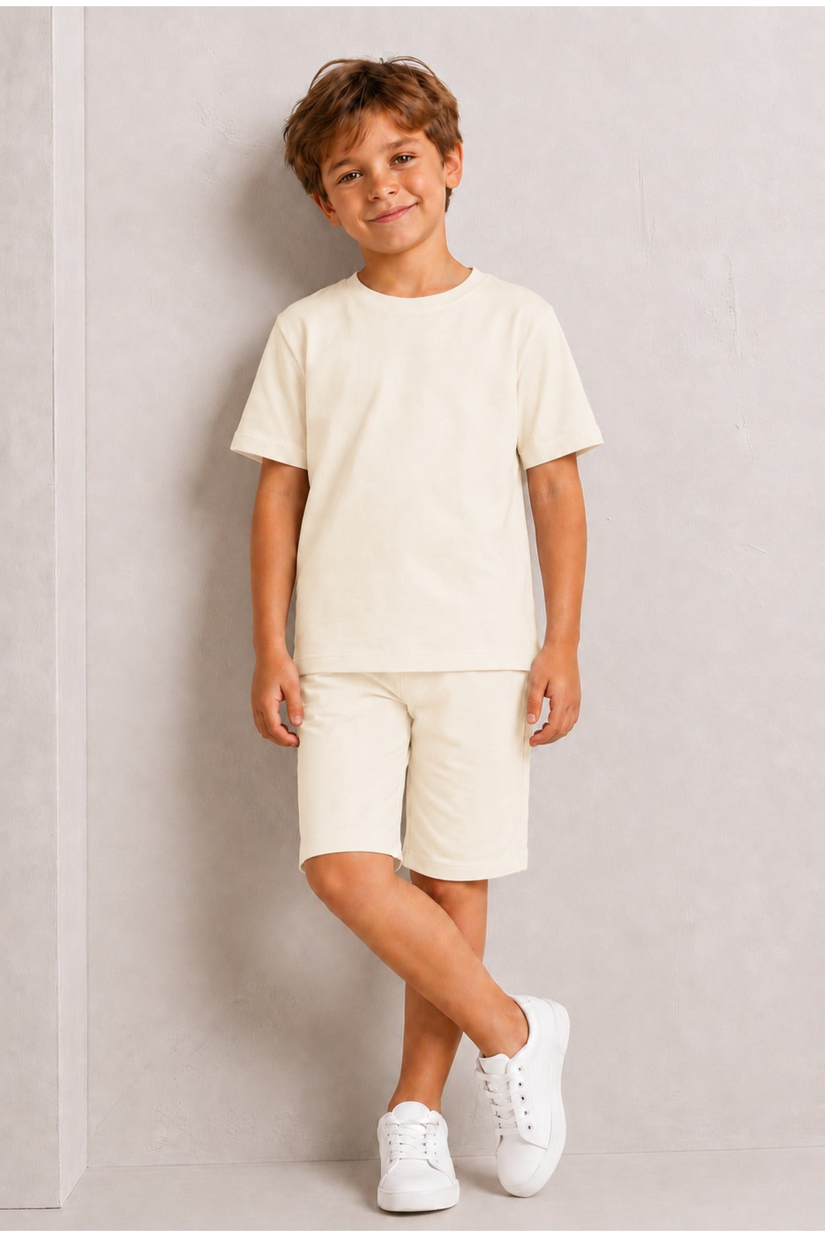 Çocuk Kısa Kollu Baskısız Basic Oversıze Geniş Kalıp Beli Bağlamalı Esnek 1-10 Yaş Arası Yaz Sezonu Sportif T-shirt / Şort Takım - Bej - 6
