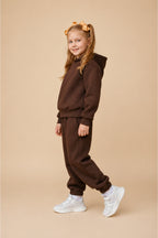 Çocuk Unisex Oversize Modern Kesi̇m Kapüşonlu Kanguru Cepli̇ Süper Yüksek Bel Günlük Eşofman Takimi - Kahverengi - 3