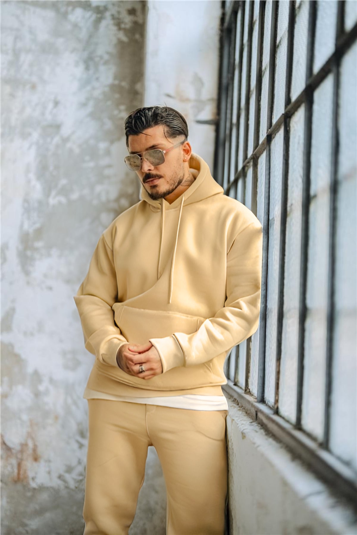 Erkek Kapşonlu Oversize 3 İ̇plik Şardonlu Lastikli Paça Eşofman Takımı - Vizon - 2