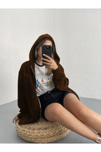 Kadın Kahverengi̇ Fermuarlı Kapşonlu Kanguru Cep Basic Sweatshirt Hırka - Kahverengi - 3