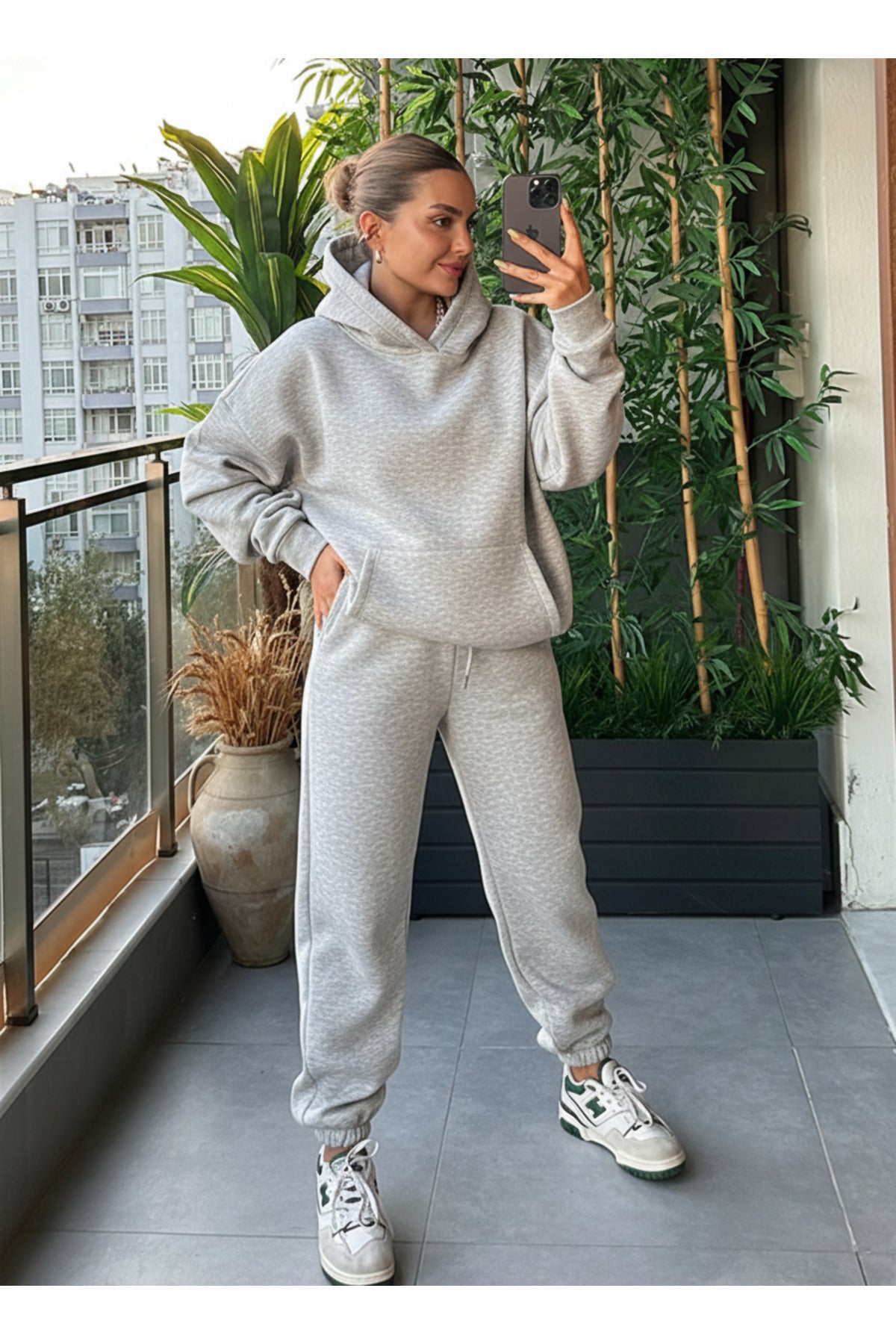 Kadin Kalin Comfort Sweatshi̇rt Yüksek Bel Eşofman Takimi - Gri Melanj - 1
