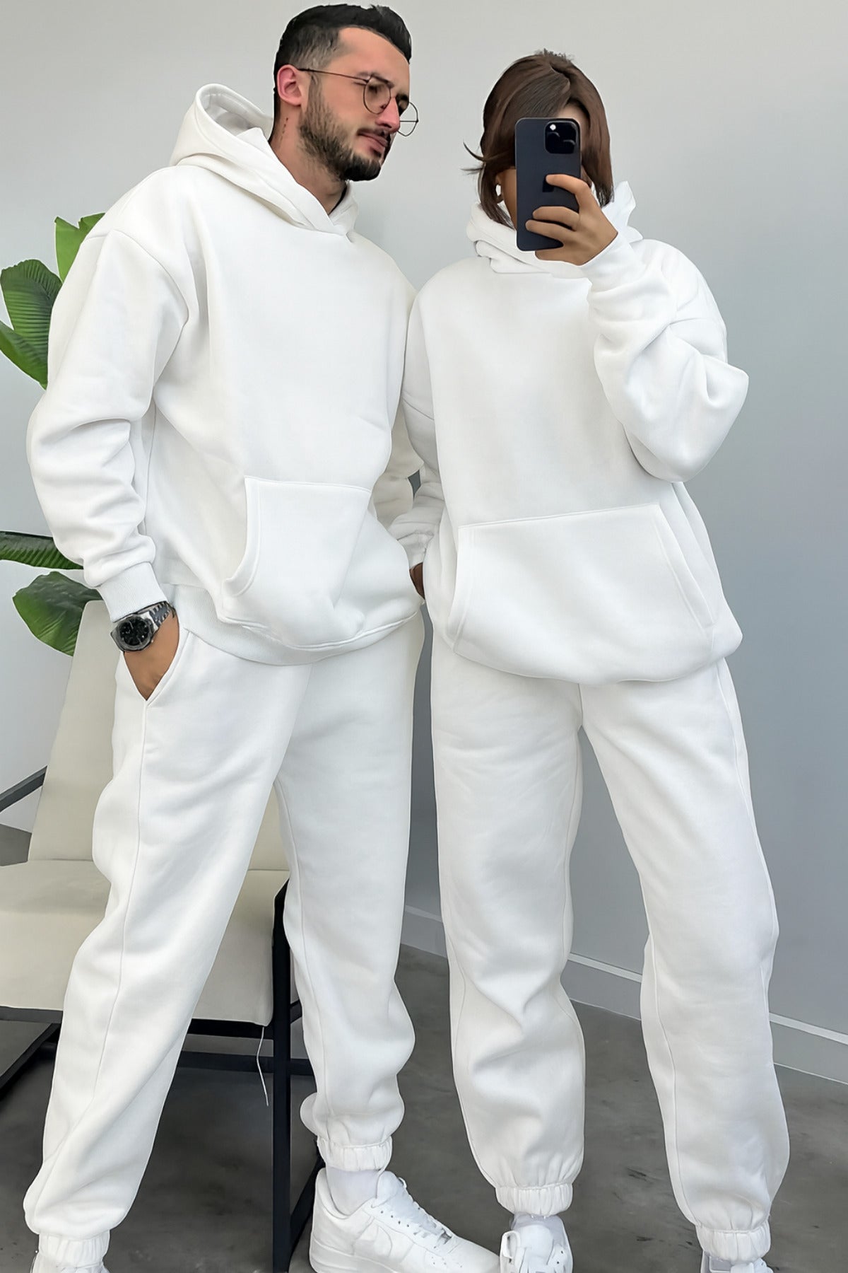 Kadın Erkek Trend Model Çiftlere Özel 3 İplik Oversize Kışlık Kalın Eşofman Takımı (tekli̇) - Beyaz - 1